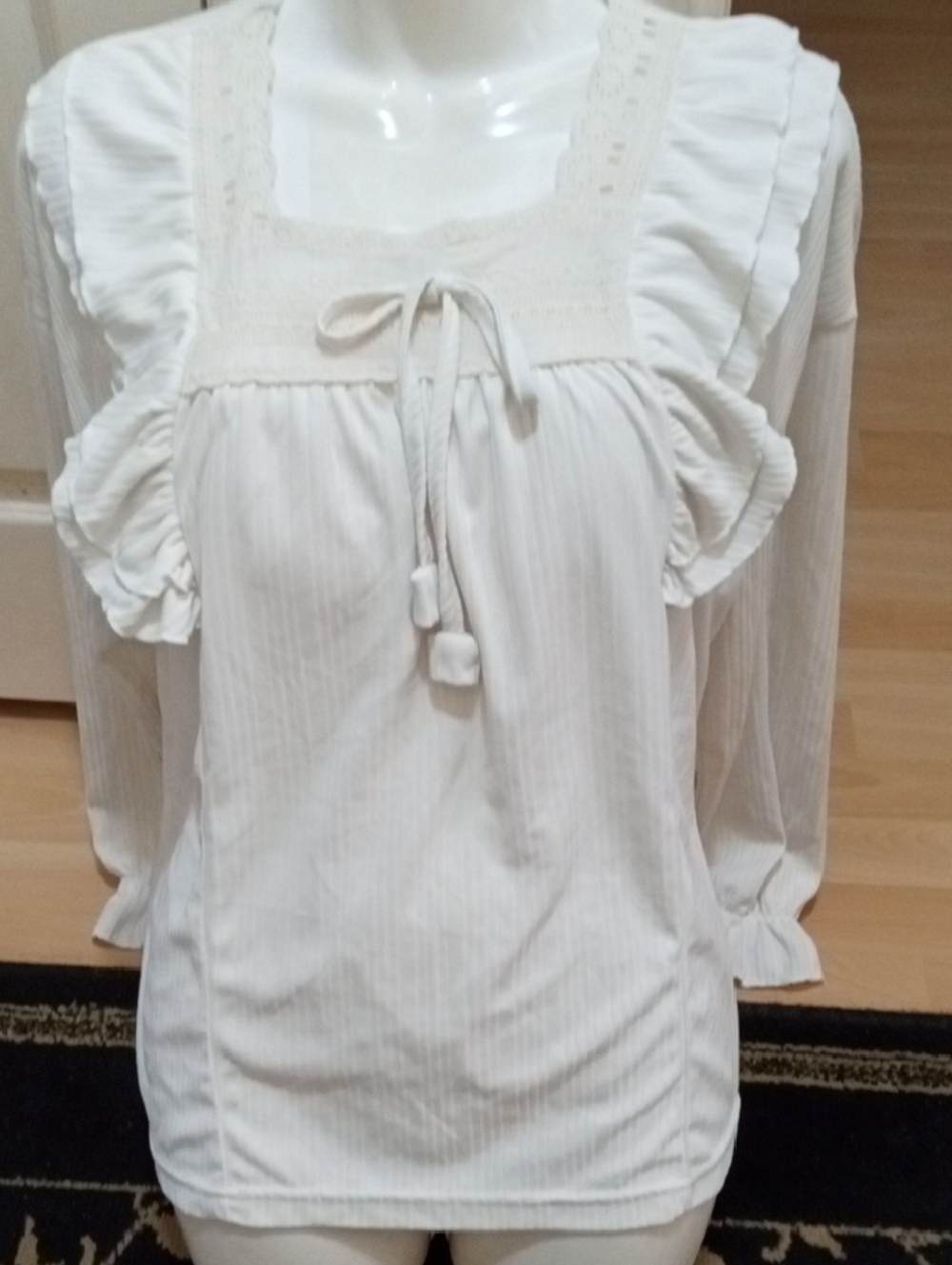 Women's White Ruffle Bib Tie-Neck Blouse